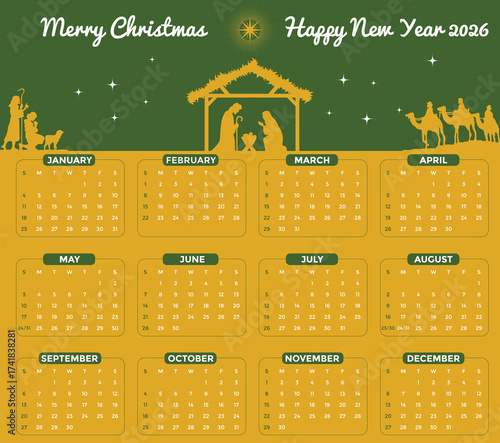 A colorful Christmas calendar 2016 design featuring a nativity scene of Mary, Joseph, and baby Jesus  under the Bethlehem star. festive green and gold tones, and twelve monthly calendar blocks.