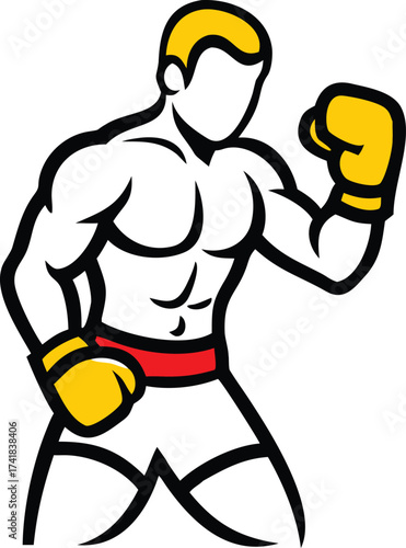 Stylized male boxer with yellow gloves and red waistband in fighting stance sport martial arts