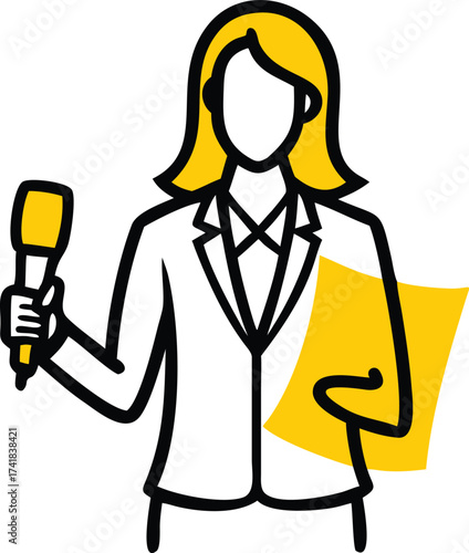 Stylized illustration of a woman with yellow hair holding a microphone and a yellow paper vector