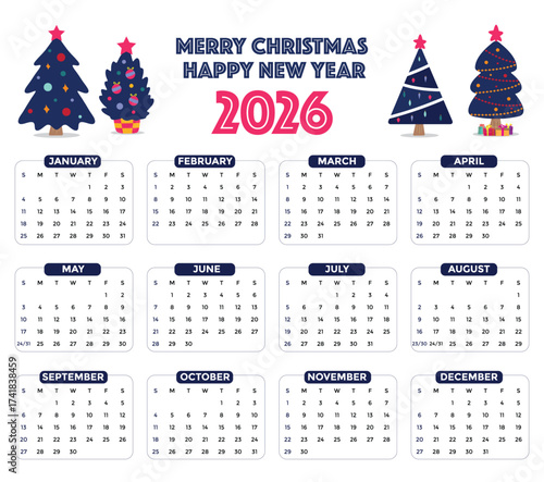 A bright 2026 Christmas calendar featuring festive trees, stars, and month grids for January through December, capturing holiday joy, family and friends planning for the year ahead.