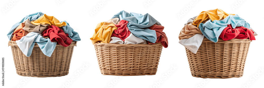 Obraz premium Three wicker baskets filled with colorful clothes isolated on transparent background