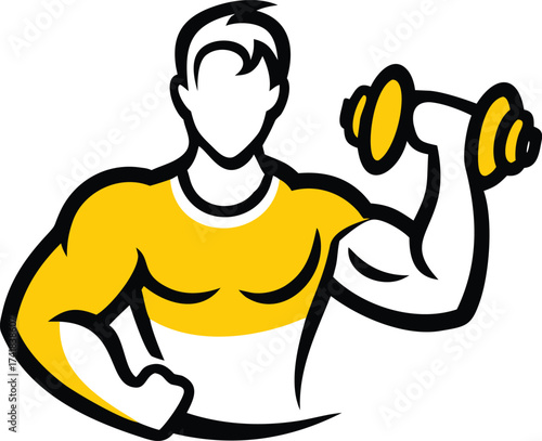Stylized man with muscular arms lifting yellow dumbbell in graphic illustration style male fitness