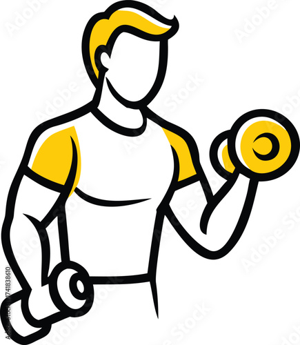 Stylized man with yellow accents lifting dumbbells in a graphic illustration weightlifting fitness