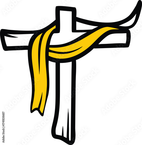 Stylized white cross with draped yellow fabric and black outline religious christianity