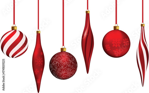 Vector. 3d Christmas decorative balls and finials isolated on white background. Holiday hanging decorations. Xmas tree red ornaments collection.
