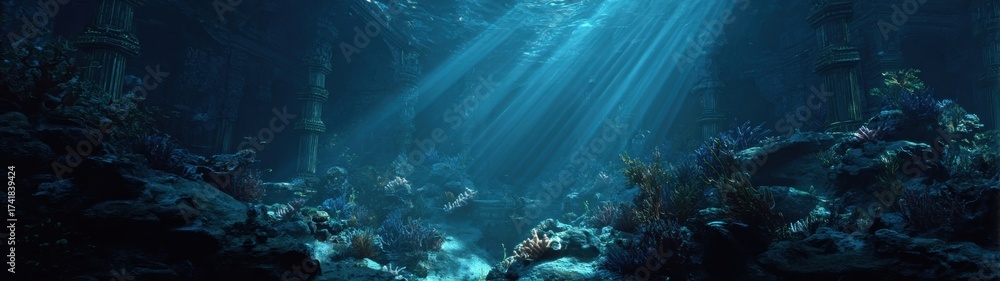 Obraz premium A serene underwater scene illuminated by sunlight filtering through the ocean .