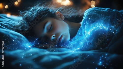 A young girl peacefully sleeping, surrounded by a magical aura of blue light and sparkling stars.