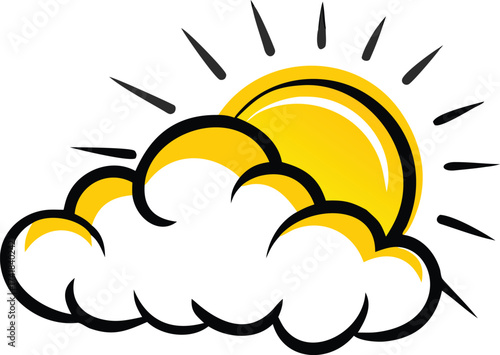 Yellow sun peeking from behind stylized white clouds with black outlines stylized clouds