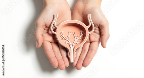 A person's hands gently holding a model of a human bladder, symbolizing urological health and care.