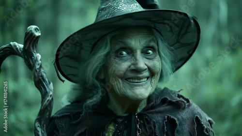 Portrait of a spooky old crone in a classic witch costume smiling menacingly in the dark woods for Halloween