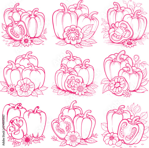 Pink and white vector illustration of bell peppers and leaves on a textured surface