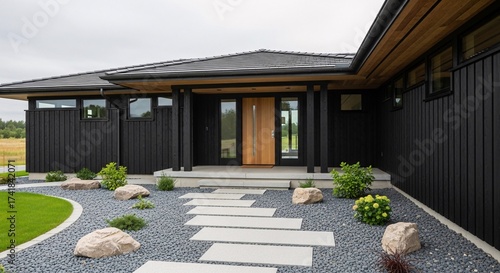 Exterior view of a modern house with a wooden door and a stone pathway leading to the entrance