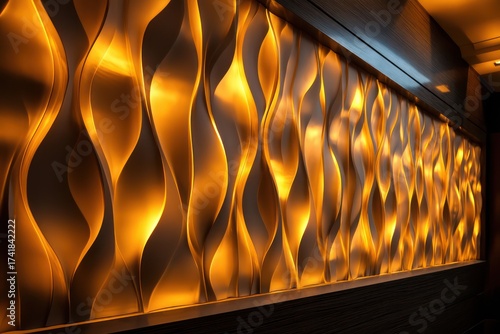 Illuminated wall panel with wavy design casting warm light in a dimly lit interior space view
