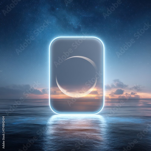Glowing portal with crescent moon inside reflecting on the ocean under a starry night sky view