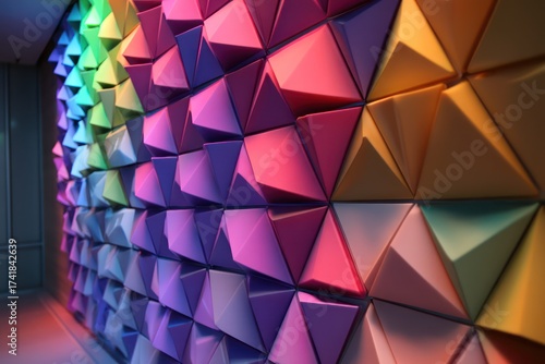 A wall covered in triangular prisms with a gradient of colors from blue to yellow and pink hues