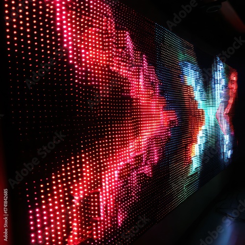 A close up of a large led display showing a colorful abstract design in a dark environment setting