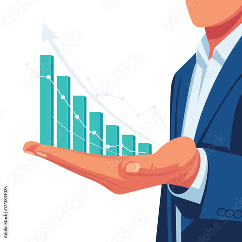 Businessman holding a bar chart showing overall fluctuating growth, Isolated on a white background.