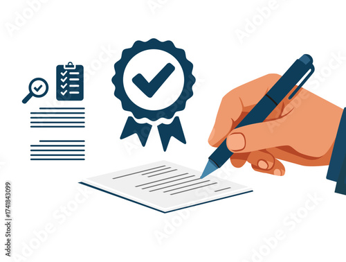 Signing of document confirming quality and successful verification, Isolated on white background.