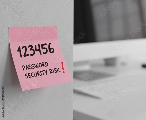 Revealing common and weak password 123456 written on a pink sticky note