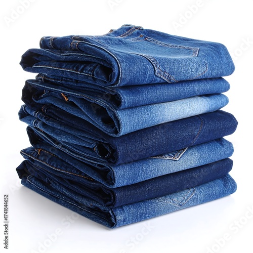 Stack of folded blue denim pants on a white background