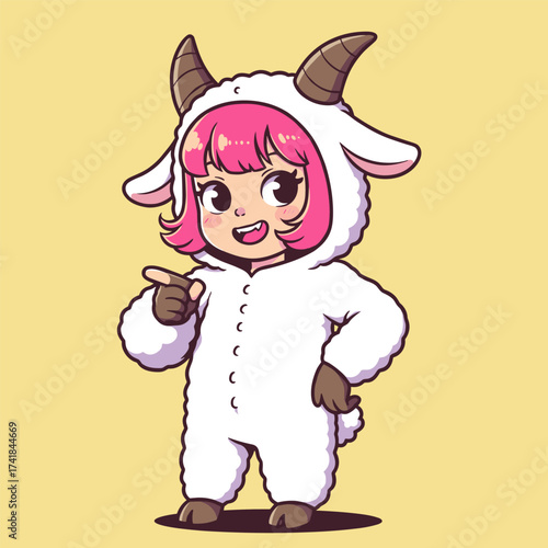 Confident character in fluffy sheep costume with pink hair, pointing outward on yellow background.