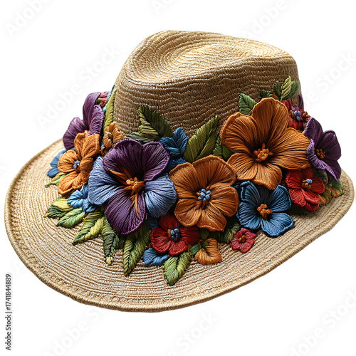 A beautifully decorated straw hat with vibrant colorful fabric flowers and green leaves arranged artistically around the brim isolated on transparent background