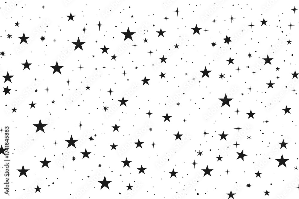 Obraz premium Scattered black stars and small dots on a white background, creating a celestial or festive decorative pattern.