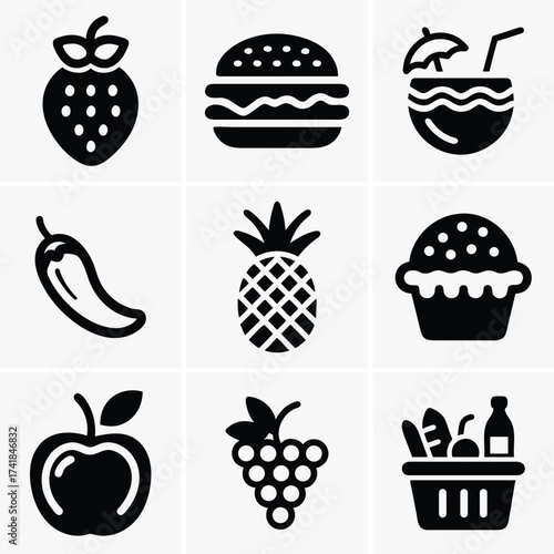 Assorted food items including strawberry, burger, cupcake, pineapple, chili, apple and grape on a white background
