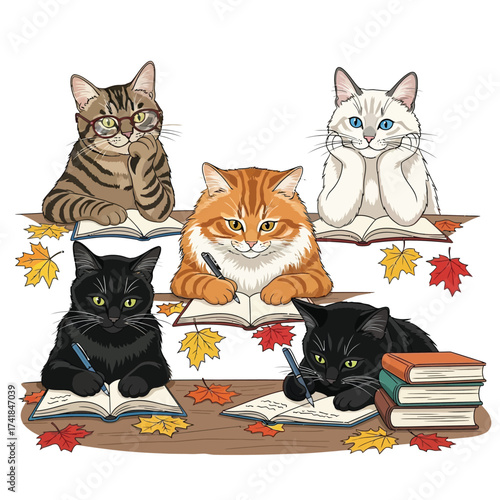 Five cartoon cats studying and writing, surrounded by books and autumn leaves.