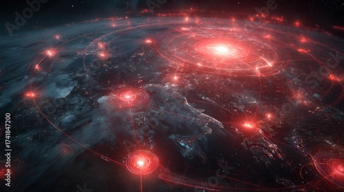 abstract digital HUD concept showing missile deployment network on global map with red glowing markers and satellite overlays, defense tech, high-tech style