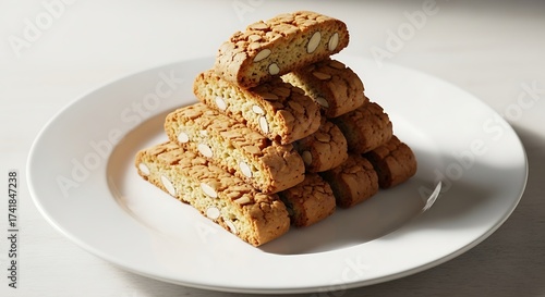 Delicious Almond Biscotti Cookies Stacked on White Plate.