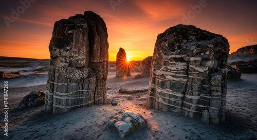 Dramatic sunset illuminates ancient rock formations in a desert landscape.