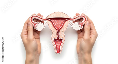 Two hands holding a detailed anatomical model of the female reproductive system, including the uterus, ovaries, and fallopian tubes.