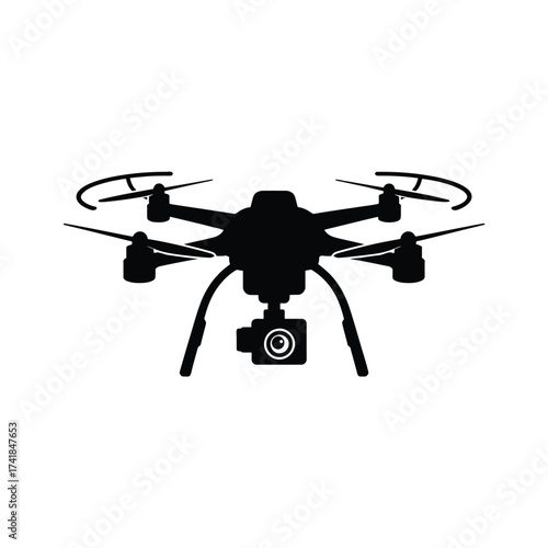 Black silhouette of a quadcopter drone with camera aerial photography