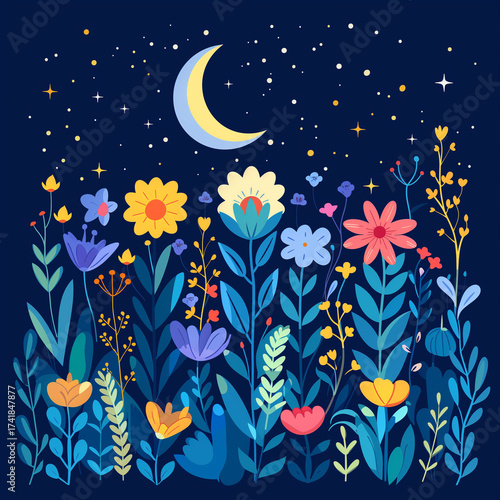 Night flower garden under the moon and stars