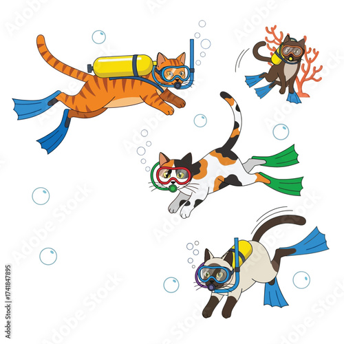 Cartoon illustration of four cats scuba diving with masks, tanks, and fins, surrounded by bubbles in a whimsical underwater scene.