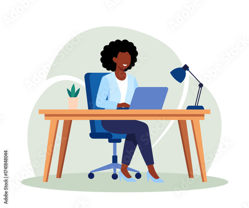Illustration of a businesswoman working at a desk with a laptop sitting on an office chair modern workspace with desk lamp and plant professional woman focused on work in corporate environment