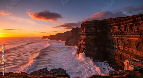 Dramatic Sunset Over Cliffs and Waves Crashing on the Shoreline