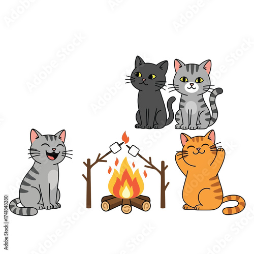 A cartoon illustration depicting five happy cats gathered around a campfire, roasting marshmallows.