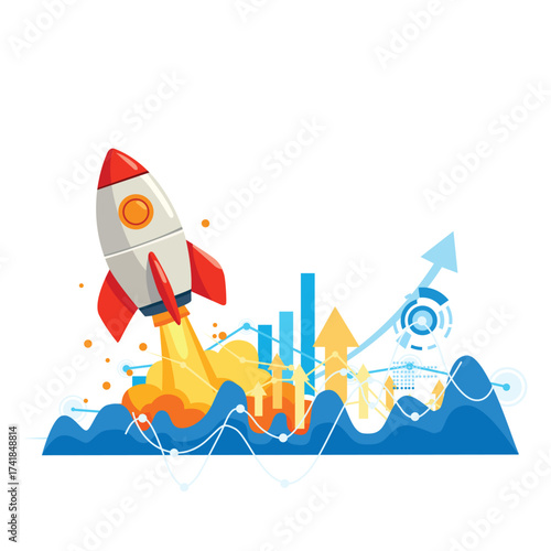 A rocket launching from a chart symbolizes the growth of a resilient business and startup. Isolated on a white background.