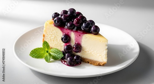 Delicious Blueberry Cheesecake Slice on White Plate.