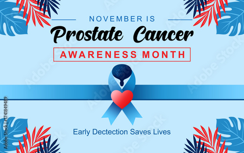 Prostate Cancer Awareness Month. Banner template featuring a soft blue awareness ribbon. Isolated on a bright light blue background. Vector illustration.