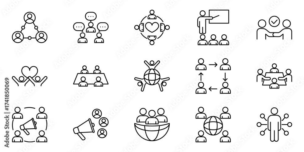 Fototapeta premium Vector set of teamwork and collaboration icons in outline style including group discussion meeting leader with presentation global connection community support communication network and partnership