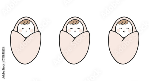 Cute Swaddled Baby Illustration Set with Sleeping and Smiling Faces Vector