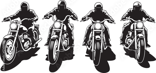 Motorcycle riders cruising together in black and white