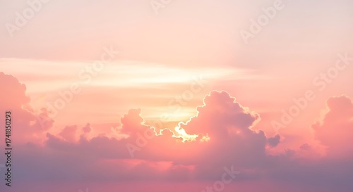 Dreamy Pastel Sunset Sky with Soft Clouds and Sunbeams, Serene Atmosphere