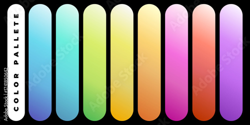 Soft gradient color palette with smooth pastel transitions featuring shades of blue teal green yellow orange pink and purple displayed in rounded vertical swatches perfect for modern design background