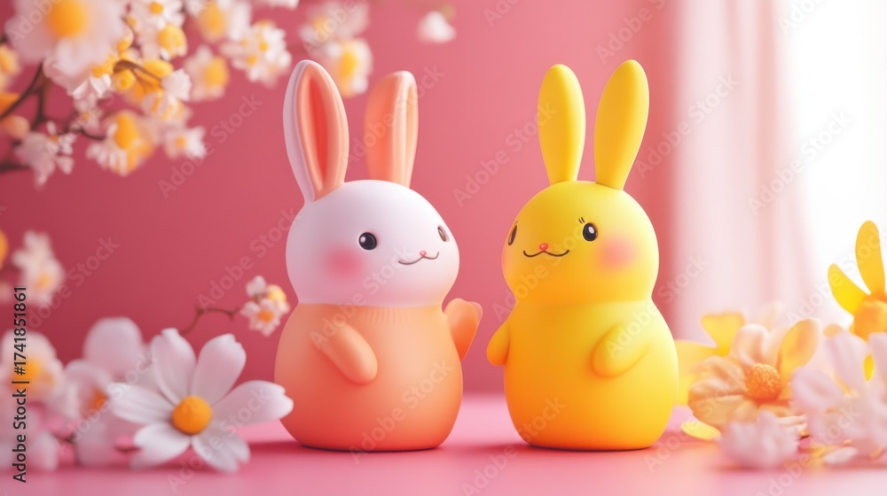 Obraz premium Cute Bunny Toys Surrounded by Colorful Flowers on Pink Background