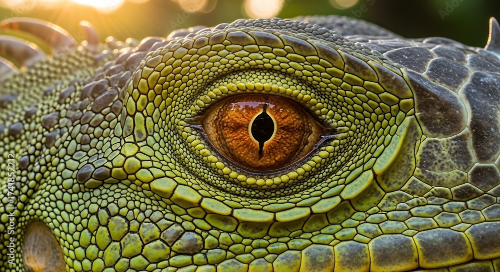 Fototapeta premium Extreme Close-Up of a Green Iguana's Eye and Scaly Skin in Golden Hour Sunlight