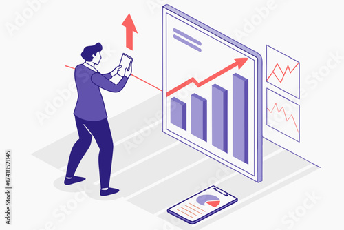 Business Analytics & Growth: A businessman, eyes fixed on digital charts and upward-trending graphs, symbolizes business progress and strategic financial success.